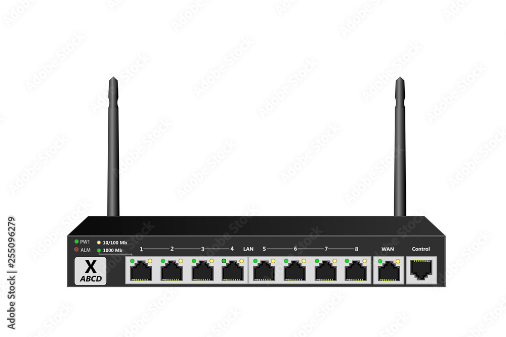 Wireless service router with control port, WAN port and 8 LAN ports. The router has 2 antennas. Blac