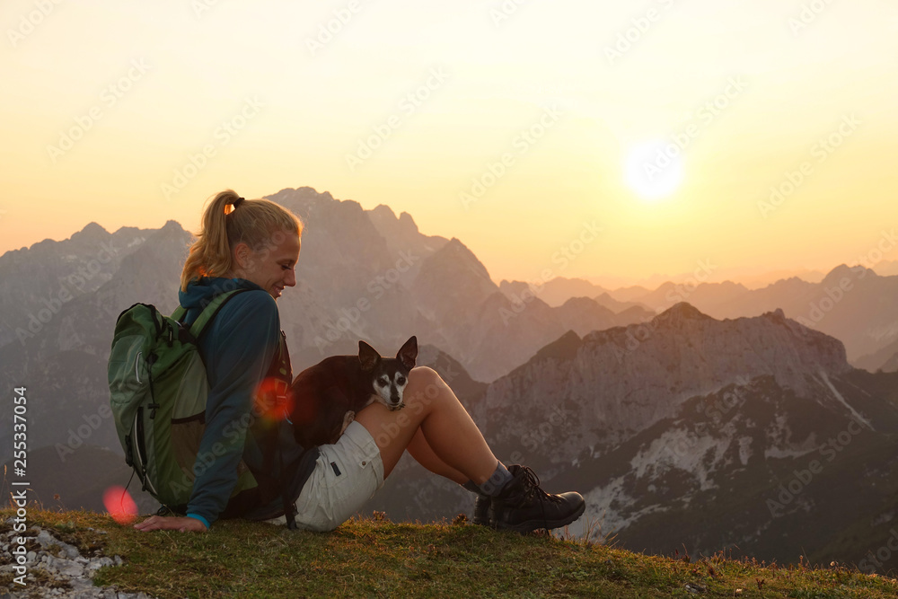 CLOSE UP: Cute puppy resting on the hiker girls legs while she rests at sunrise