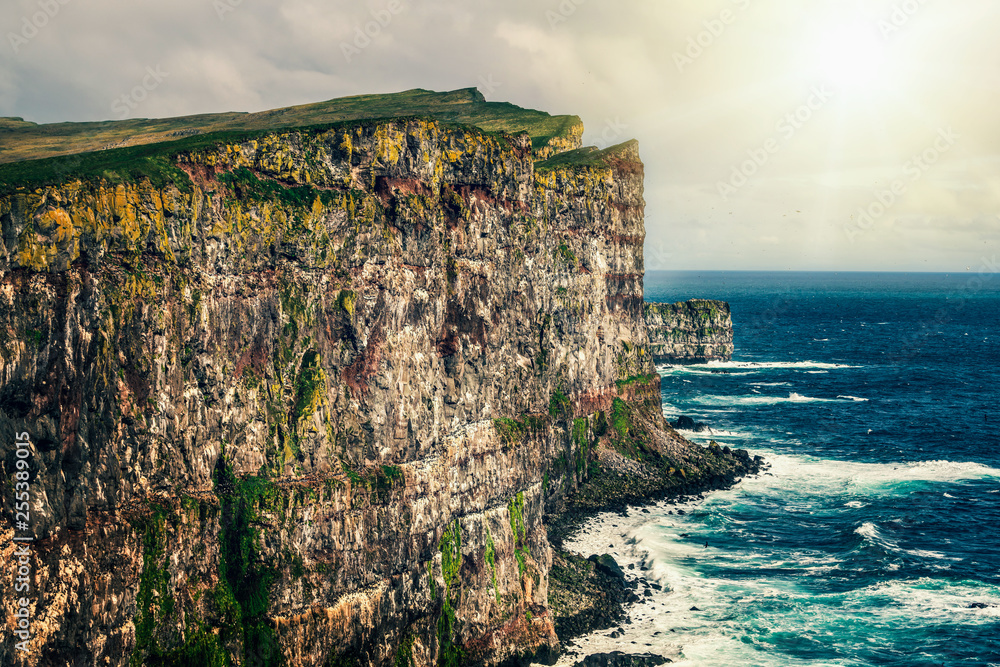 冰岛西峡湾雄伟的Latrabjarg悬崖。以观赏吸引游客的海雀而闻名