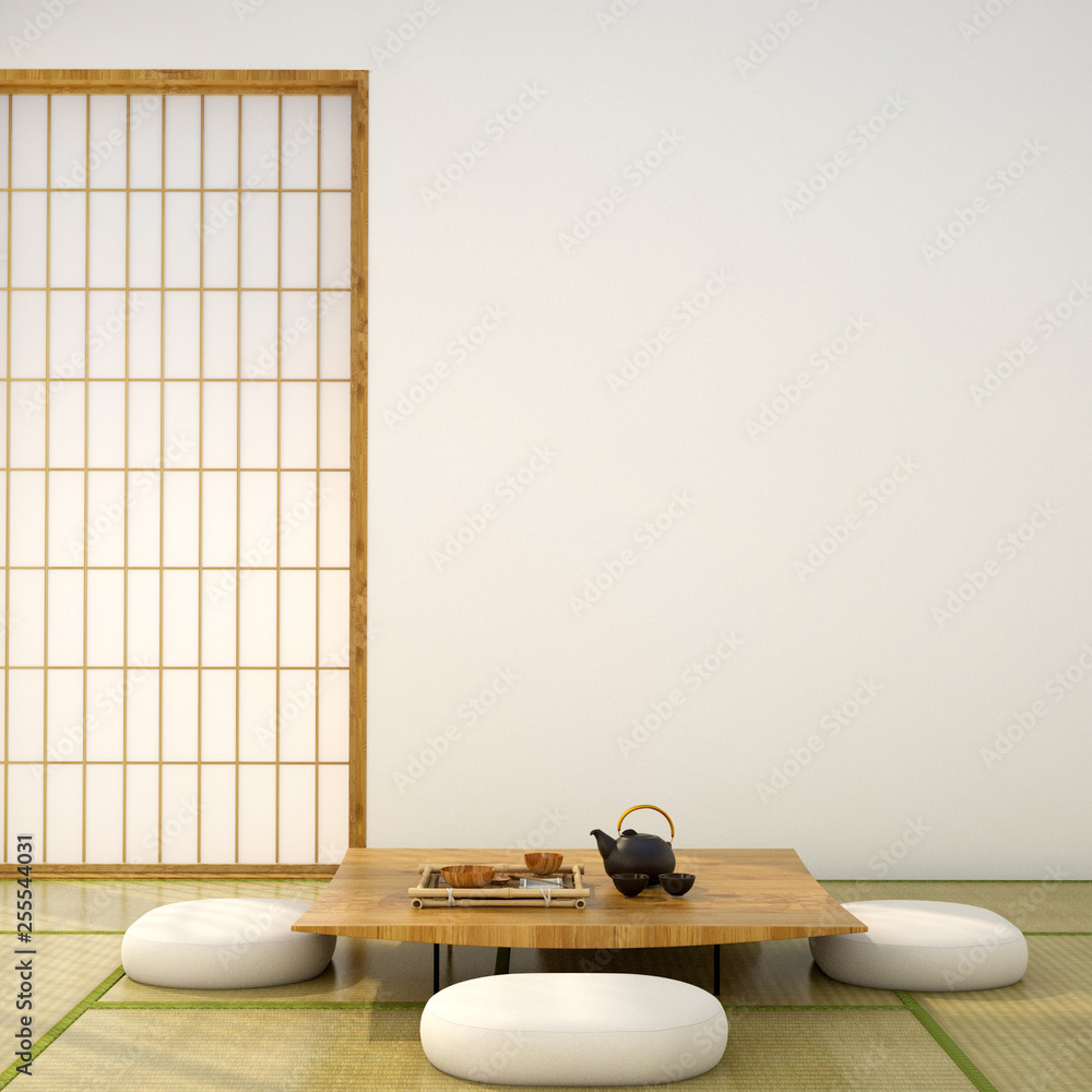 室内设计，客厅有桌子、木地板、榻榻米垫和传统的日式门