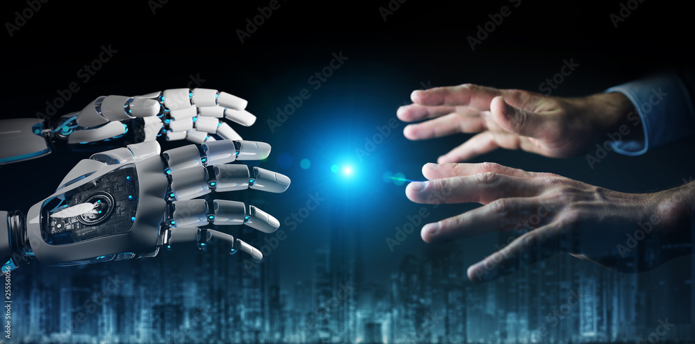 机器人手在暗背景3D渲染上与人手接触