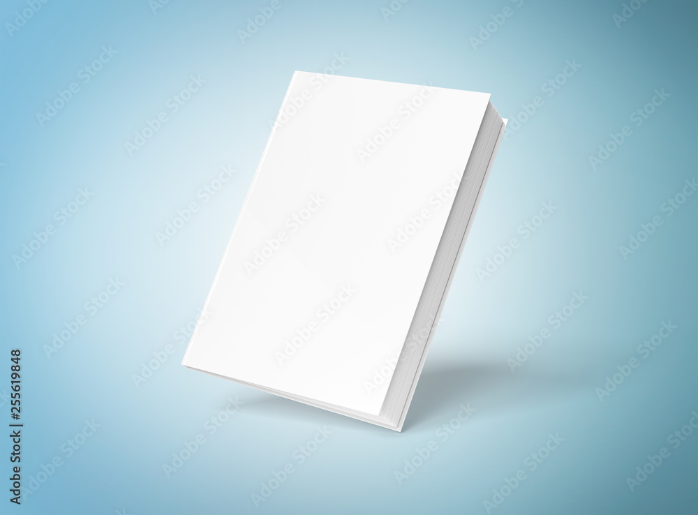 Blank hardcover book mockup floating on blue 3D rendering