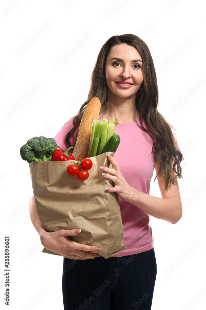 Woman with healthy products on white background