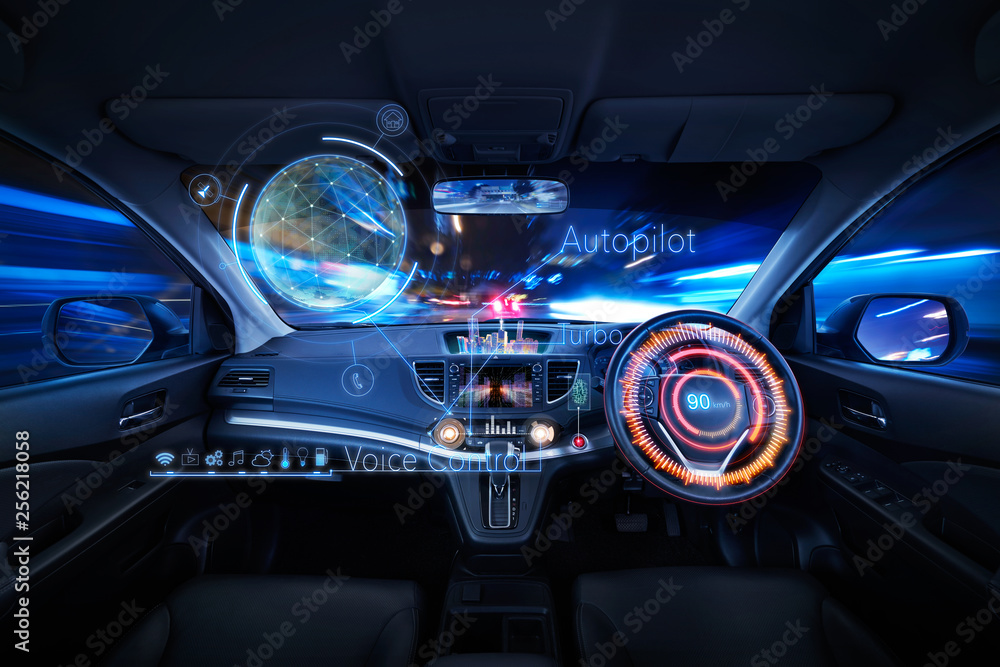 Car interior with Self driving , Auto pilot and internet of thin  futuristic . icon illustration . A