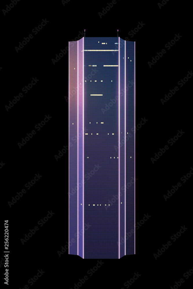 Modern commercial and business skyscraper with neon lights isolated on blck background.