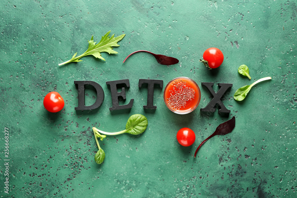 Word DETOX，彩色背景为番茄和香草