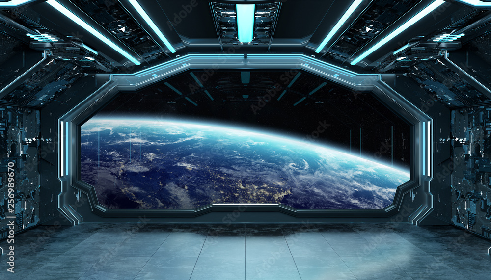 深蓝色太空船未来主义内饰，带地球三维渲染窗口