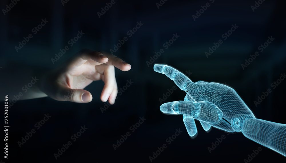线框机器人在黑暗3D渲染中与人手接触