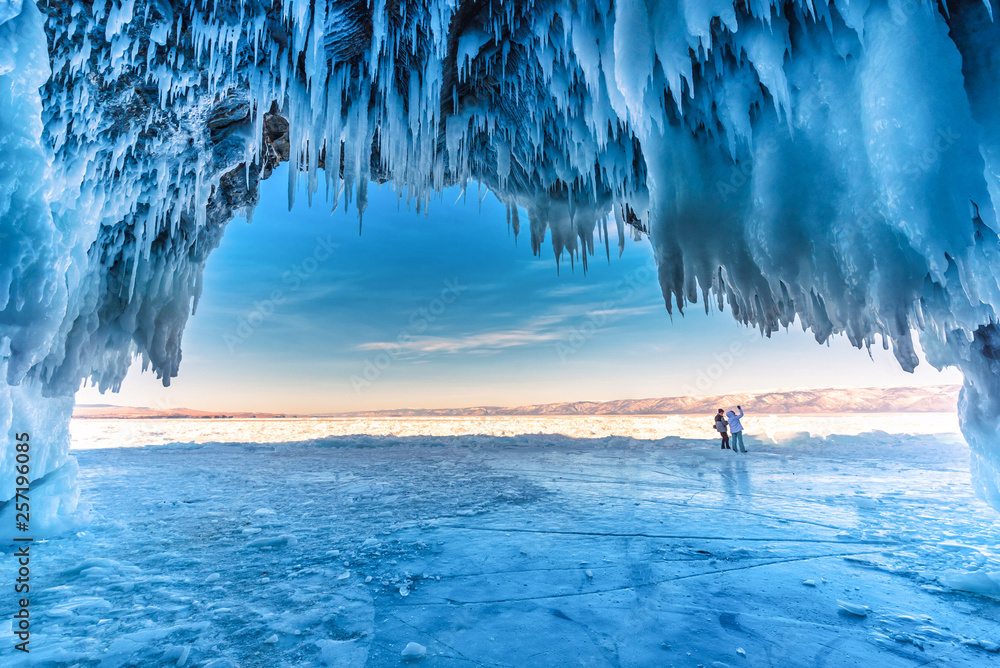 Inside the blue ice cave with couple love at Lake Baikal, Siberia, Eastern Russia.