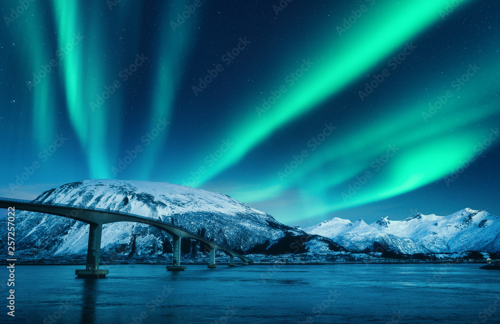 挪威罗弗敦群岛夜晚雪山上的桥和北极光。令人惊叹的北方