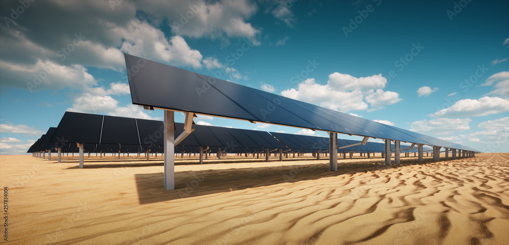 阳光明媚的沙漠环境中光伏发电厂的现代黑色太阳能电池板。3d