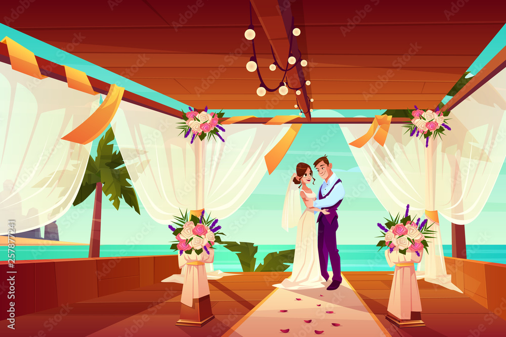 Wedding ceremony in exotic country or tropical beach cartoon vector concept. Happy bride and groom h