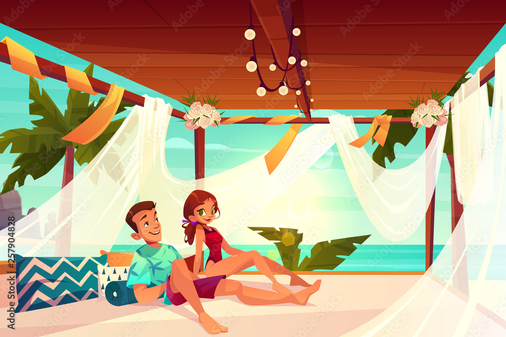 热带度假胜地豪华酒店的蜜月卡通矢量。恋爱中的幸福情侣放松，休息
