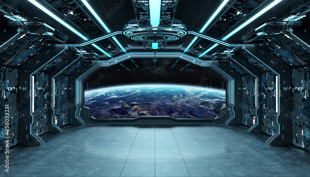 深蓝色太空船未来主义内饰，带地球三维渲染窗口