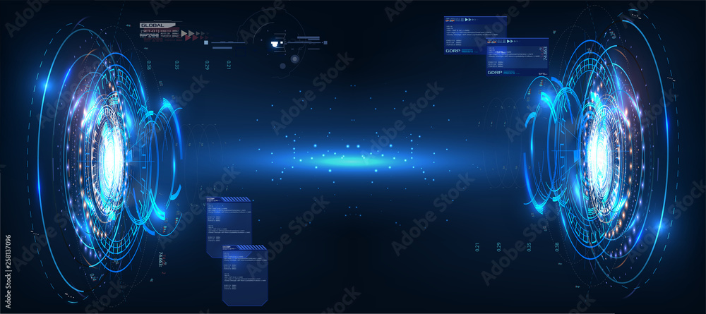 未来主义的圆形矢量HUD界面屏幕设计。蓝色背景上的抽象风格。抽象v