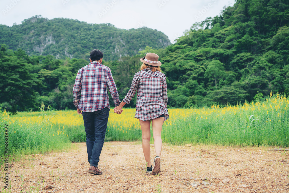 幸福的情侣在山上的绿草地里浪漫漫步。旅行和蜜月概念。