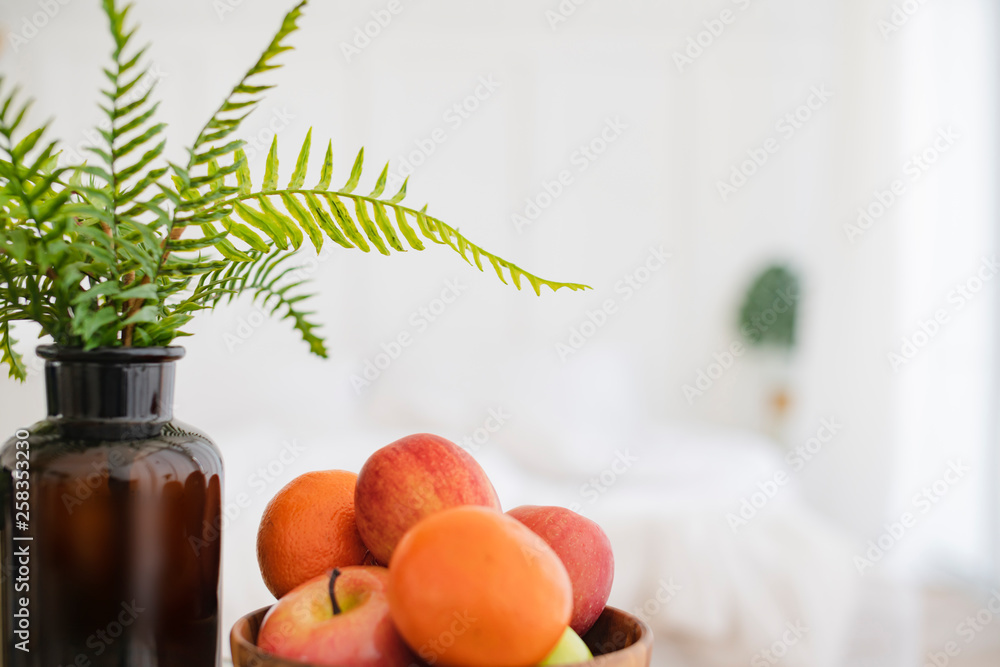 fresh fruit on wooden bowl on white bed morning healthy lifestyle