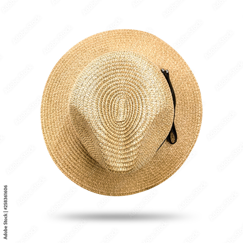 白色背景上的草帽。巴拿马帽风格，黑色缎带。（剪裁路径）