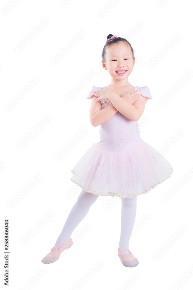 Little asian girl dressed as a ballerina isolated over white background