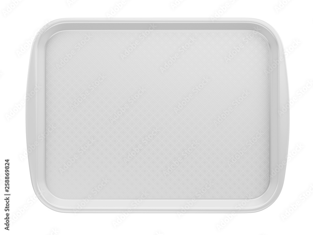 白色手柄隔离的空白色塑料托盘托盘的前视图。三维渲染
