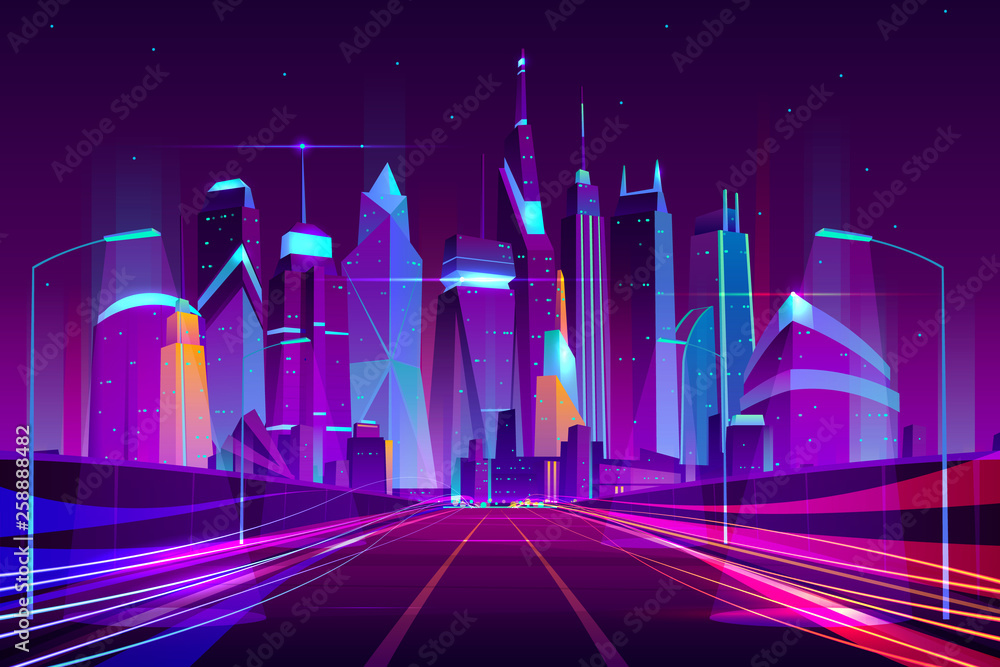 现代城市高速公路中的路灯霓虹灯卡通矢量插图，三向高速摩托车