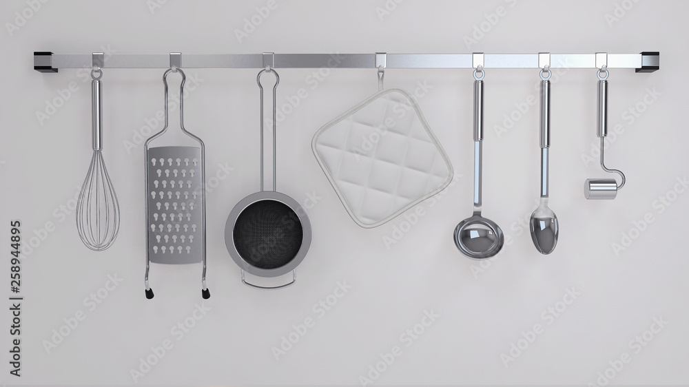 白墙上的厨房用具，专业厨房概念图，3D插图。