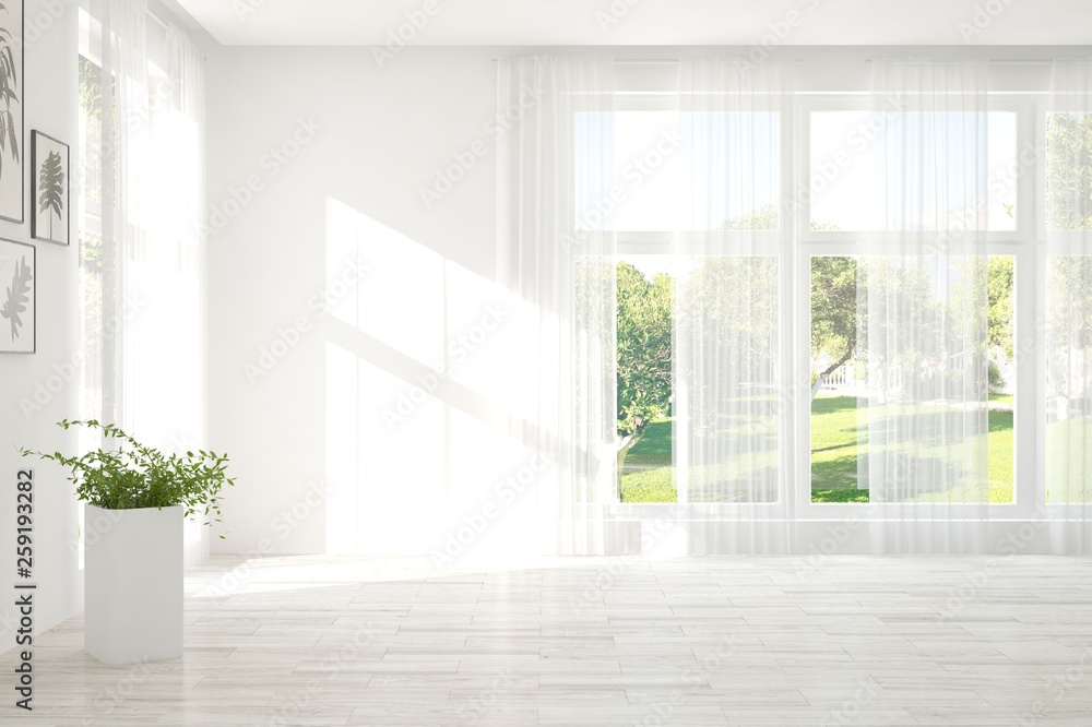 白色时尚的空房间，窗户里有夏季景观。斯堪的纳维亚室内设计。3D插图
