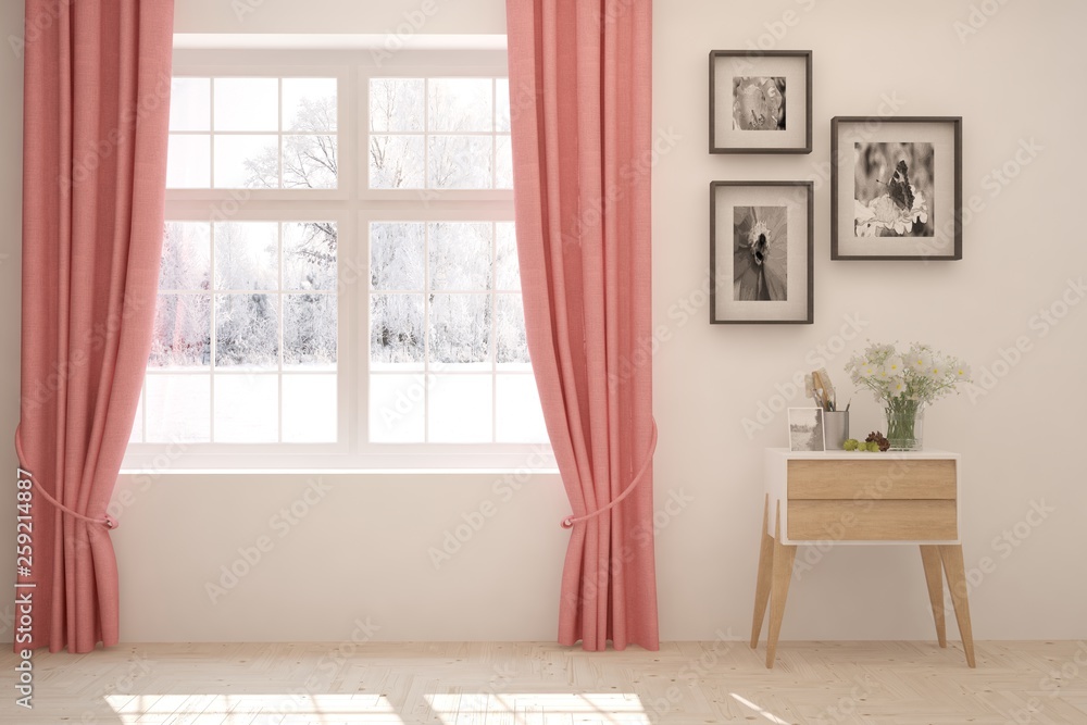 白色时尚的空房间，珊瑚色窗帘，窗户里有冬季风景。斯堪的纳维亚内部d
