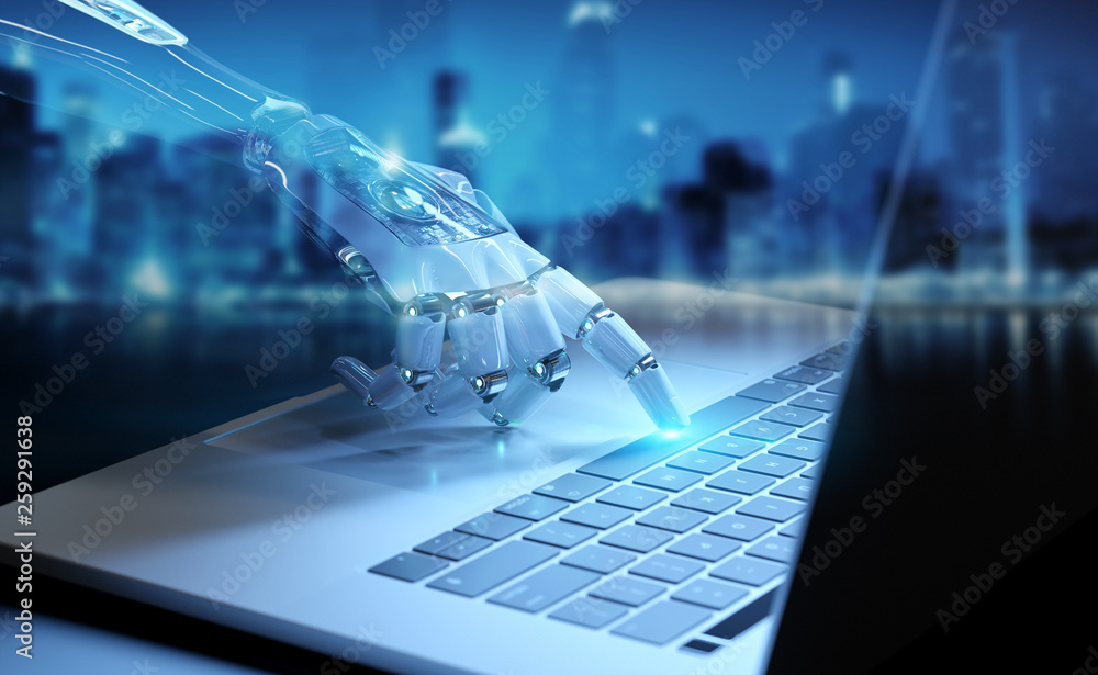 Cyborg hand pressing a keyboard on a laptop 3D rendering