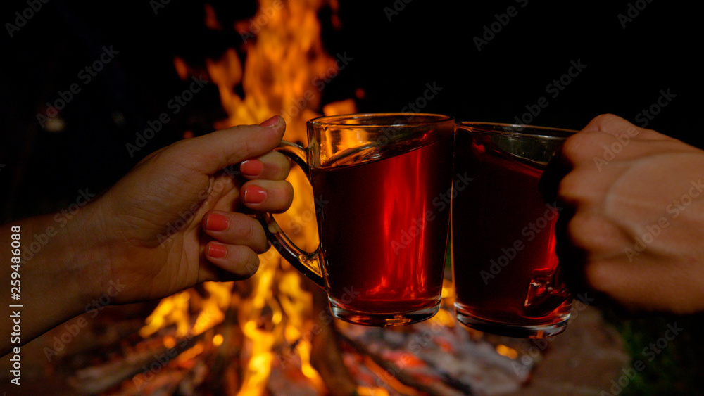 MACRO，DOF：不知名的年轻露营者在篝火上用热茶吐司。