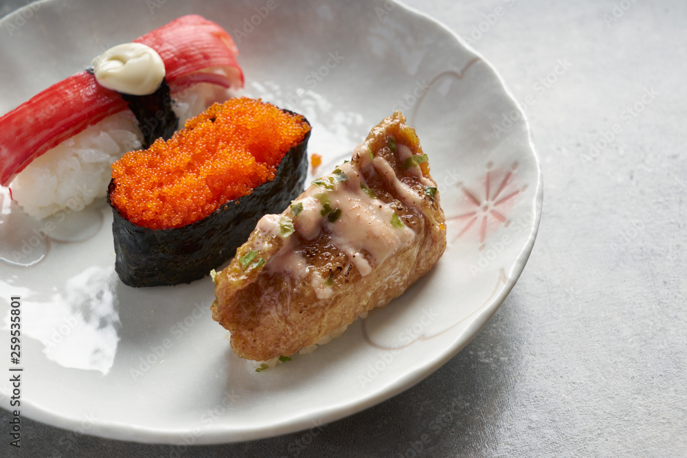 Close up of Japanese sushi set on white plate
