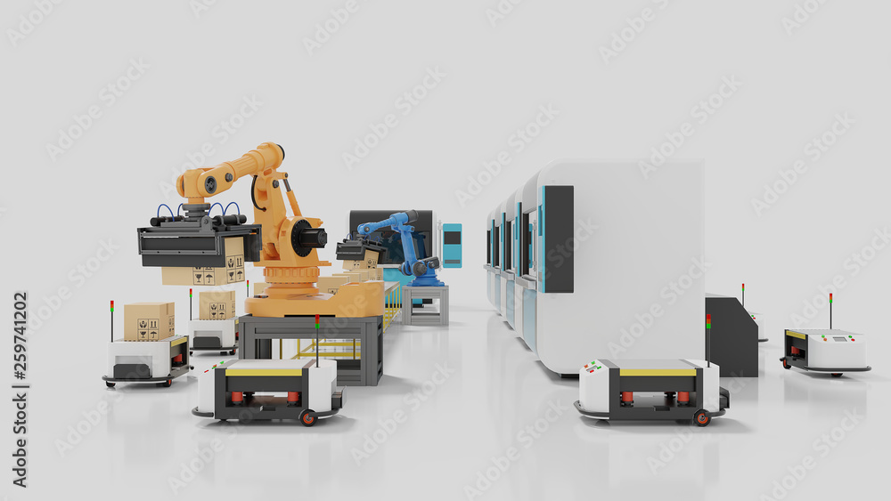 带AGV、3D打印机和机械臂的工厂自动化，3D渲染