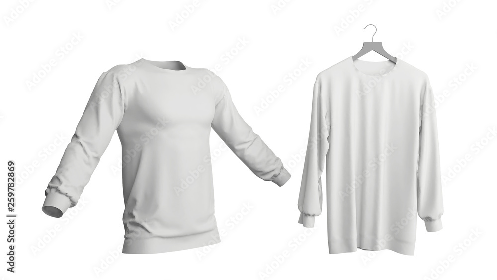 男士长袖T恤实物模型，白色背景隔离模板。三维插图。