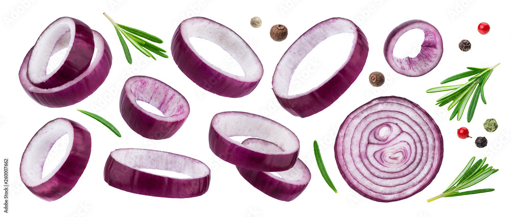 Sliced red onion rings isolated on white background with clipping path