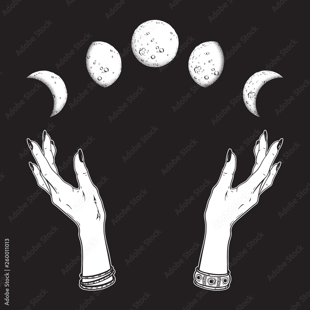 Hand drawn line art and dot work moon phases in hands of witch isolated. Boho chic flash tattoo, pos