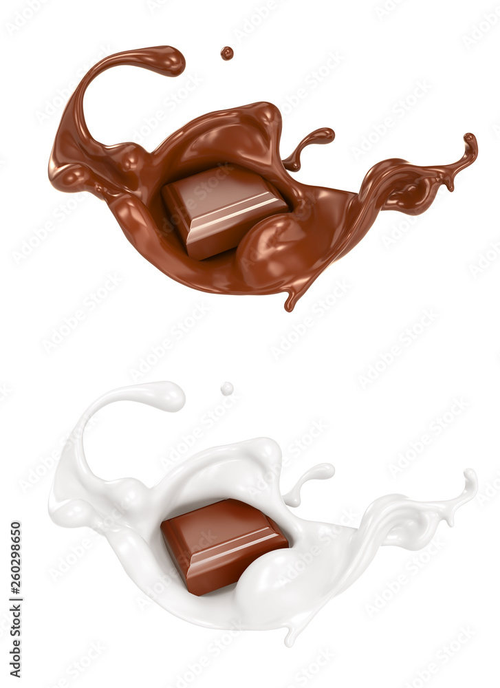 巧克力块落在巧克力酱和牛奶奶油上飞溅的三维插图。