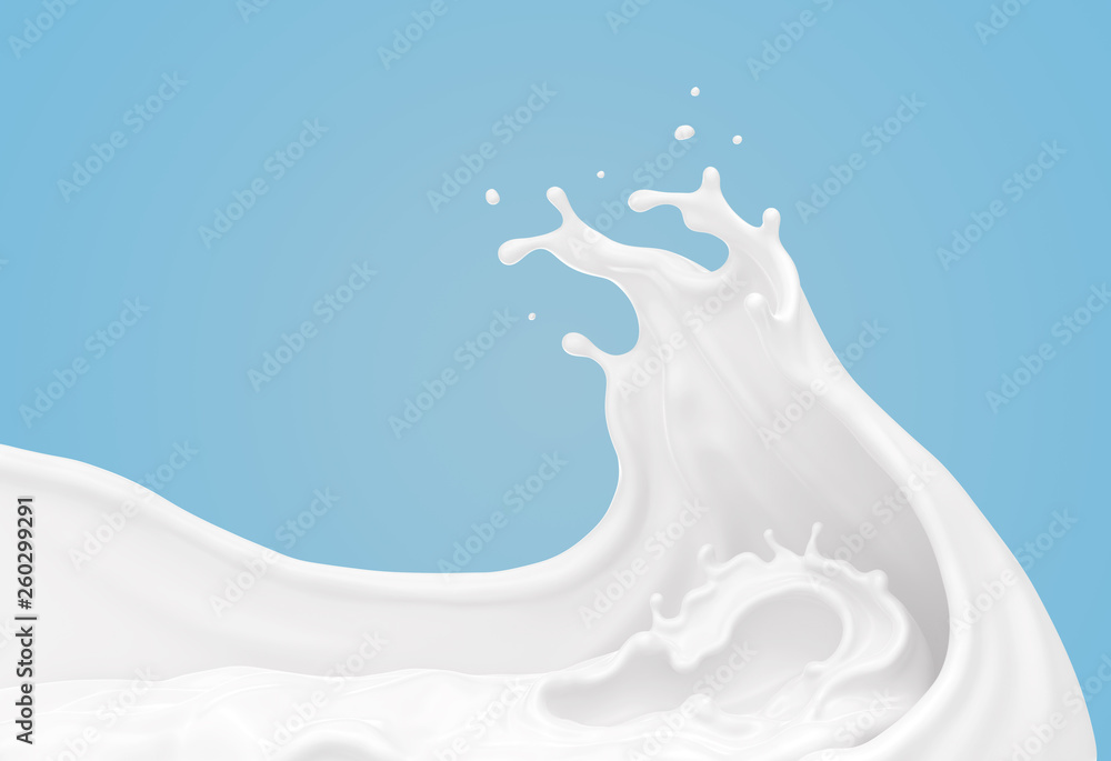白色牛奶或酸奶飞溅，呈波浪形，在蓝色背景上隔离，三维渲染，包括剪辑
