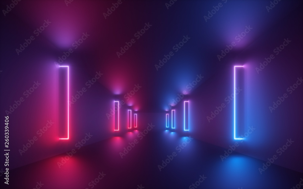 3d渲染，红蓝霓虹灯，照亮走廊，隧道，空地，紫外线，80s r
