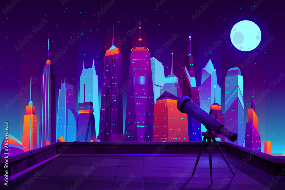 Astronomical observations in modern city cartoon vector in neon colors. Telescope on tripod, standin