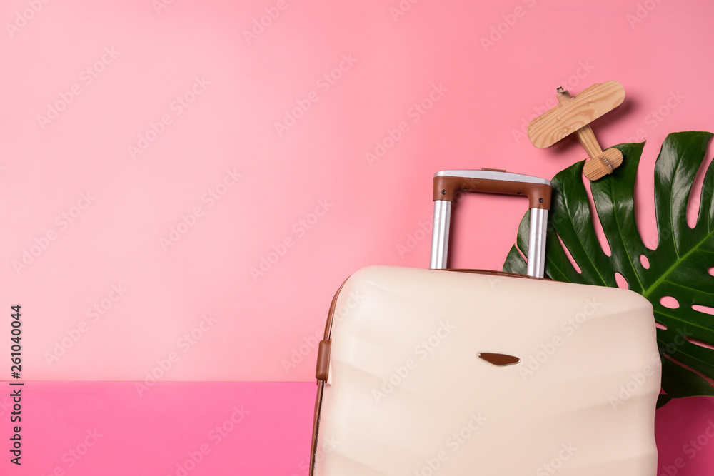 彩色背景的手提箱、热带树叶和玩具飞机。旅行概念