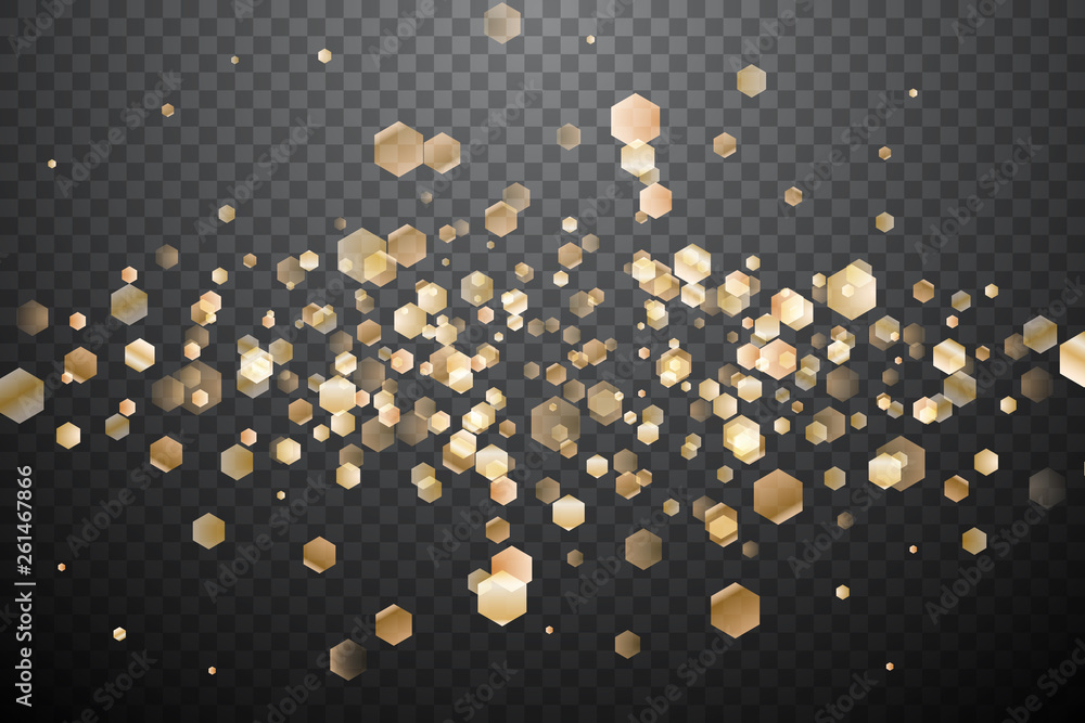 Shiny hexagonal glitter on a simple background, transparent blurred particles