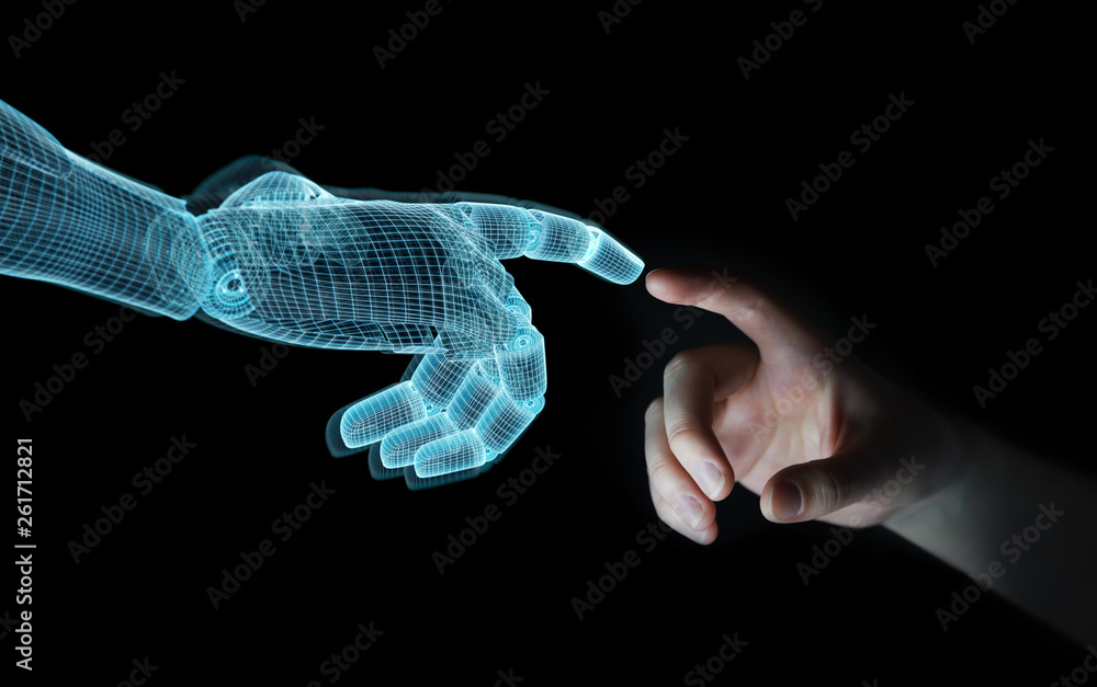 线框机器人在黑暗3D渲染中与人手接触