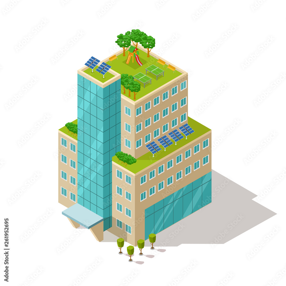 公寓或酒店建筑的生态概念矢量插图。建筑房屋建筑，