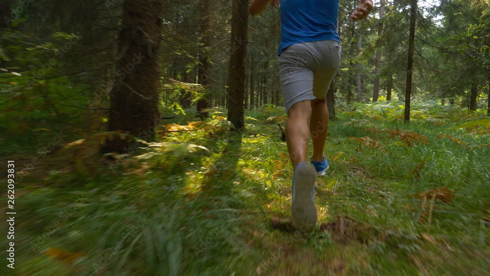 CLOSE UP: Sportsman preparing for a foot race by jogging through the forest.