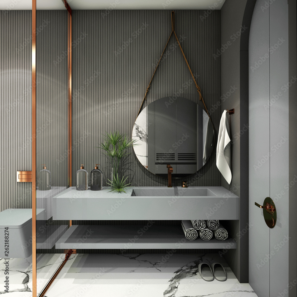 现代浴室室内设计，潮流设计2019，三维渲染，三维插图