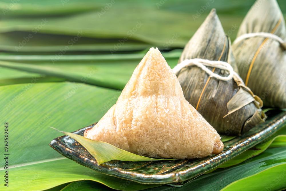 Close up, copy space, famous asian tasty food in dragon boat (duan wu) festival, steamed rice dumpli