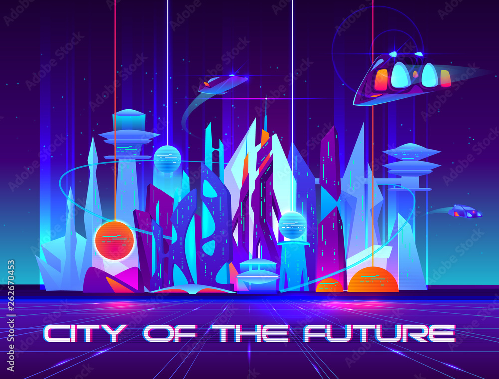 夜晚的未来之城，充满活力的霓虹灯和闪亮的球体。飞行的sp城市景观