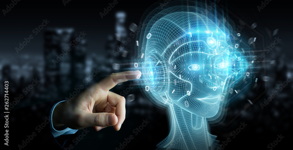 商人使用数字人工智能头部界面3D渲染