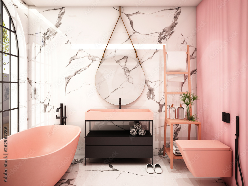 现代浴室室内设计，潮流设计2019，3d渲染，3d插图