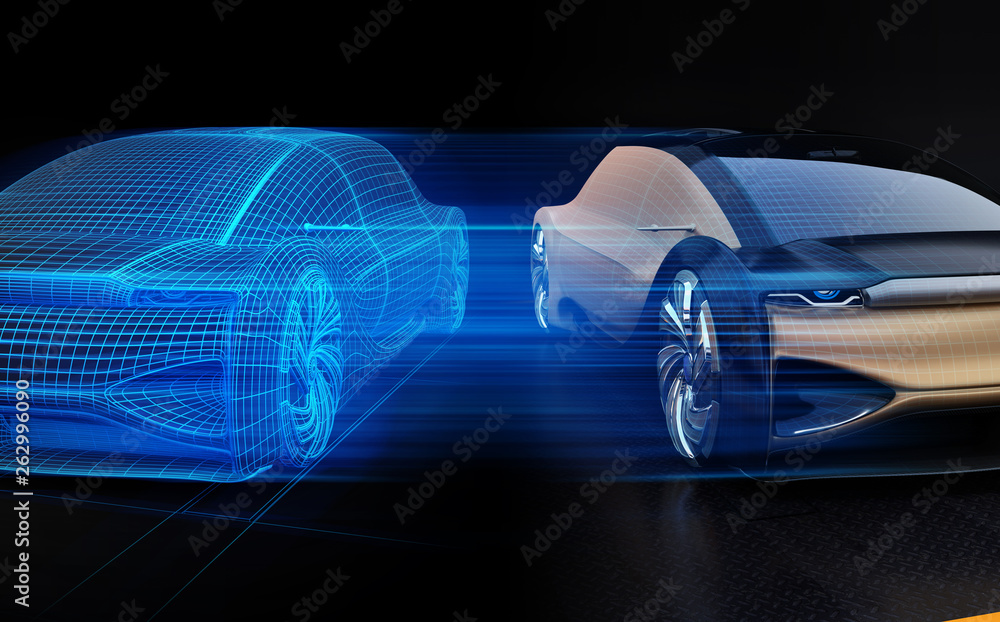 Autonomous electric car and wireframe rendering of the car body on right side. Digital Twin concept.